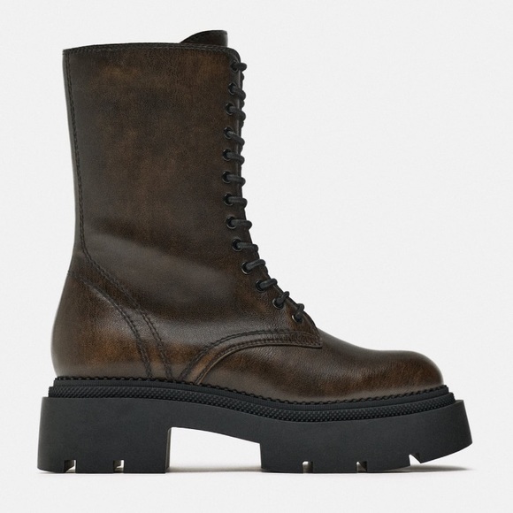 NEW! Zara Brown Distressed Laced Lug Sole Ankle Boots - Picture 4 of 10